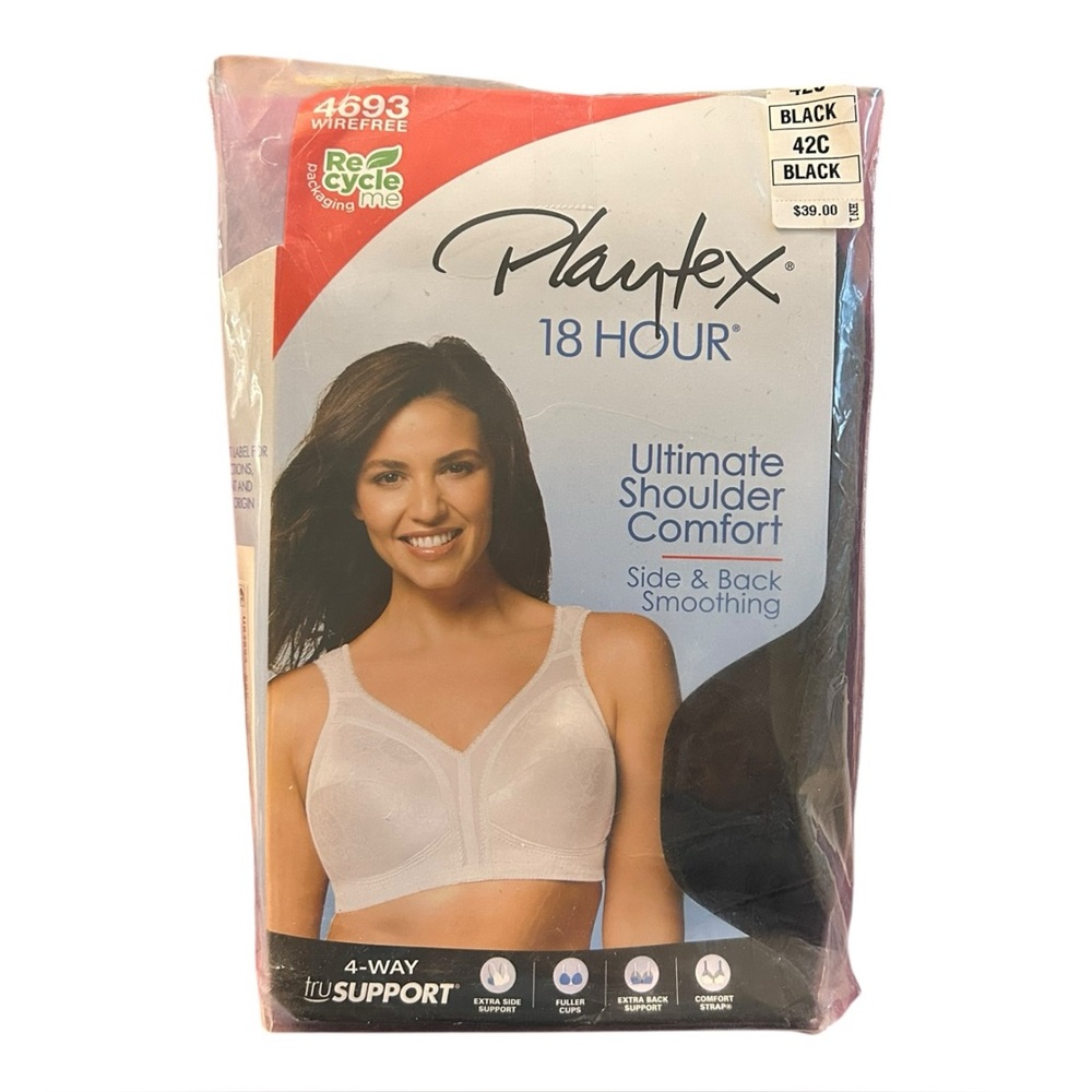 NEW Playtex 18 Hour Ultimate Shoulder Comfort Wirefree Bra 42C Black opened